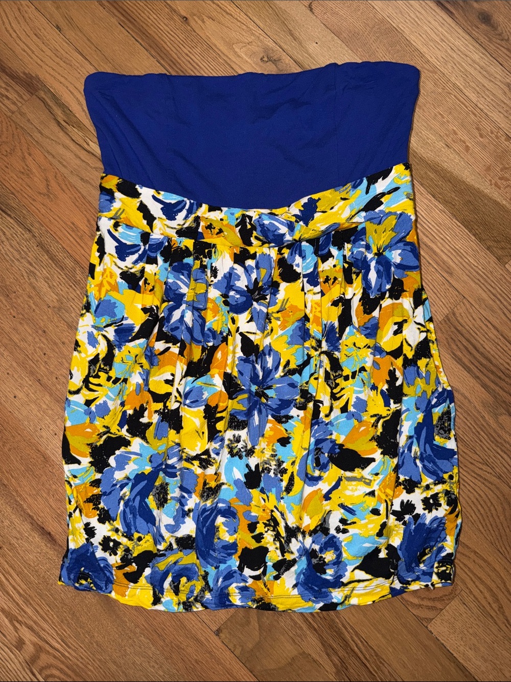 Strapless Floral Sundress in Royal Blue and Yellow Size M